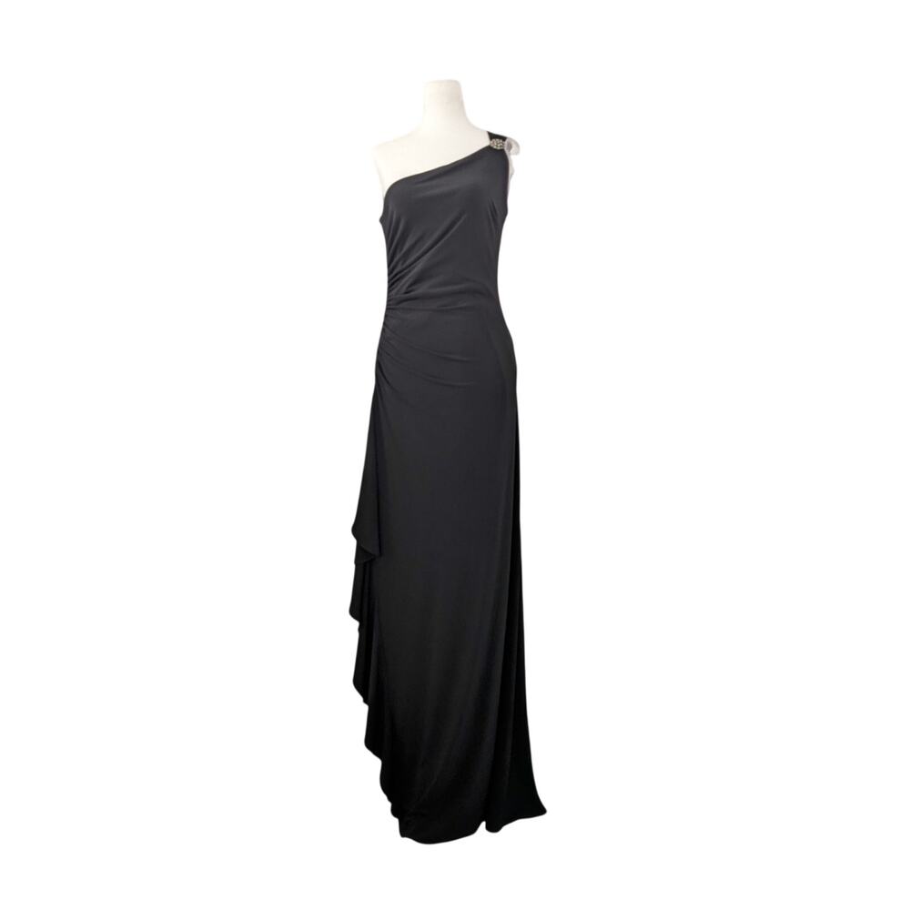 90s LAUNDRY Stretchy Black Side Ruched One Shoulder Gown Sz 6